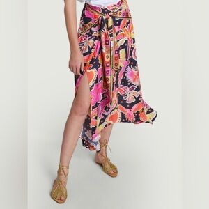 FARM Rio Pink Orange Wrap Midi Skirt